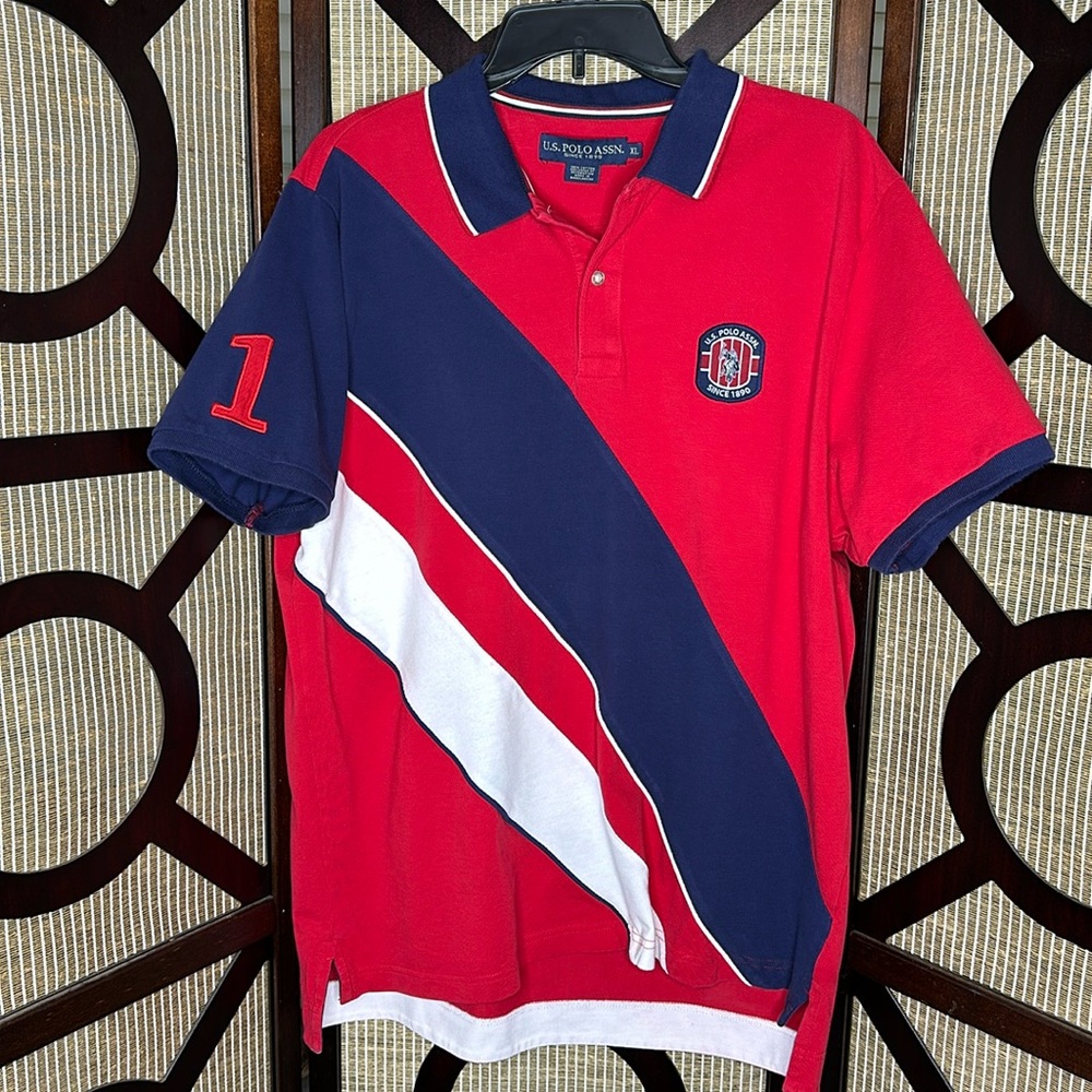 Mens Polo Shirt Logo Red, White and Blue Striped, U.S.Polo Assn. Logo X-Large